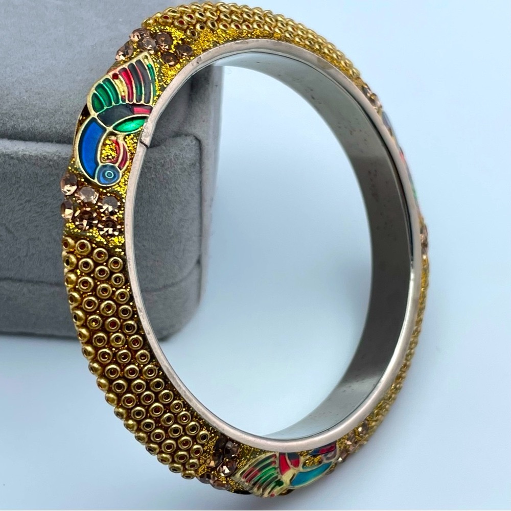 Vintage Enamel Toucan Bird Rhinestone Bangle Bracelet Gold Tone